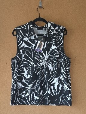 Rafaella XXL Black White Zip Front Sleeveless Top NWT Collared Bold Print